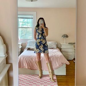 Vintage 90s Y2K Blue and Yellow Sunflower Mini Dress